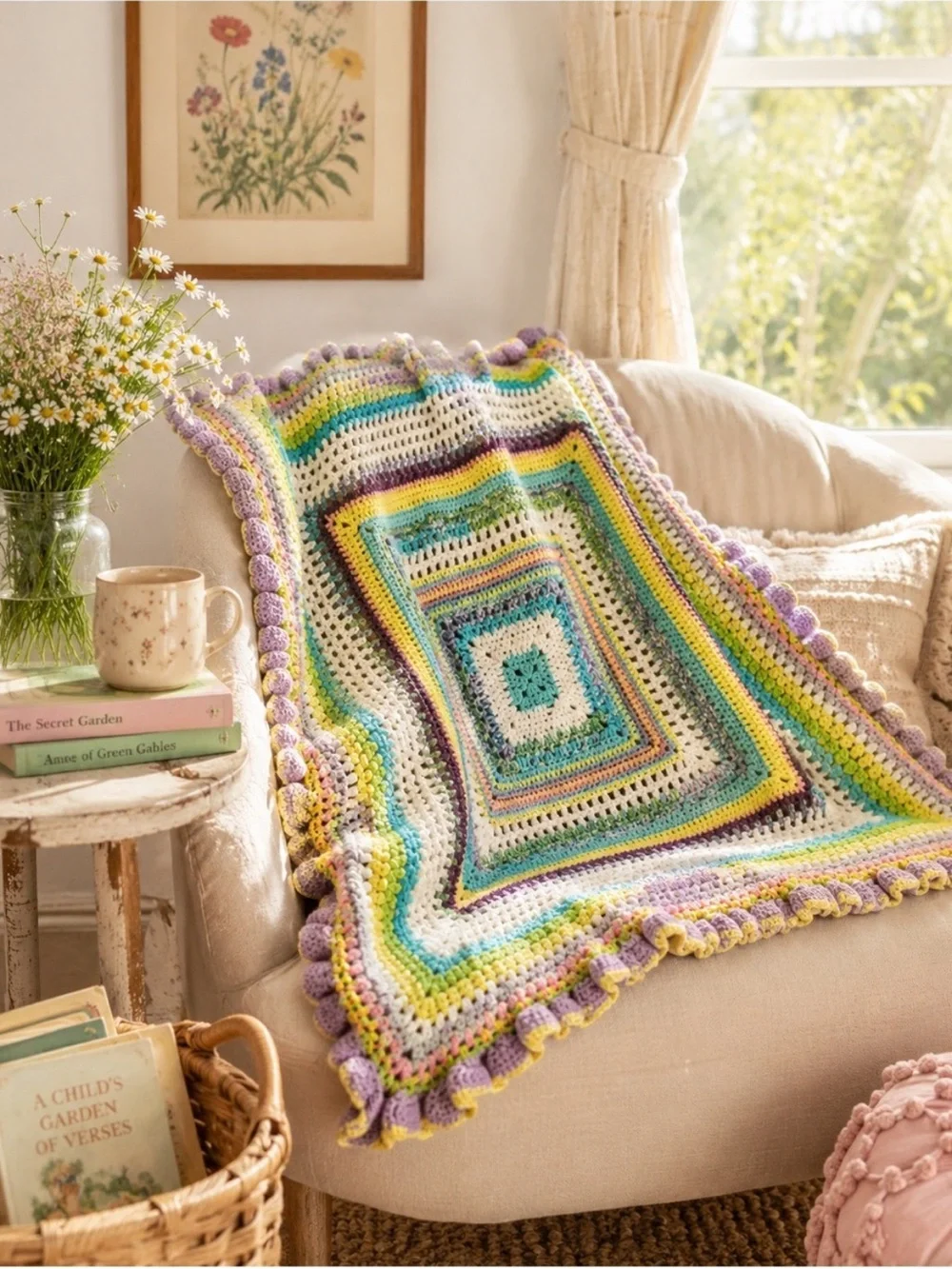 granny square afghan handmade with gorgeous scallop edges pastel colors